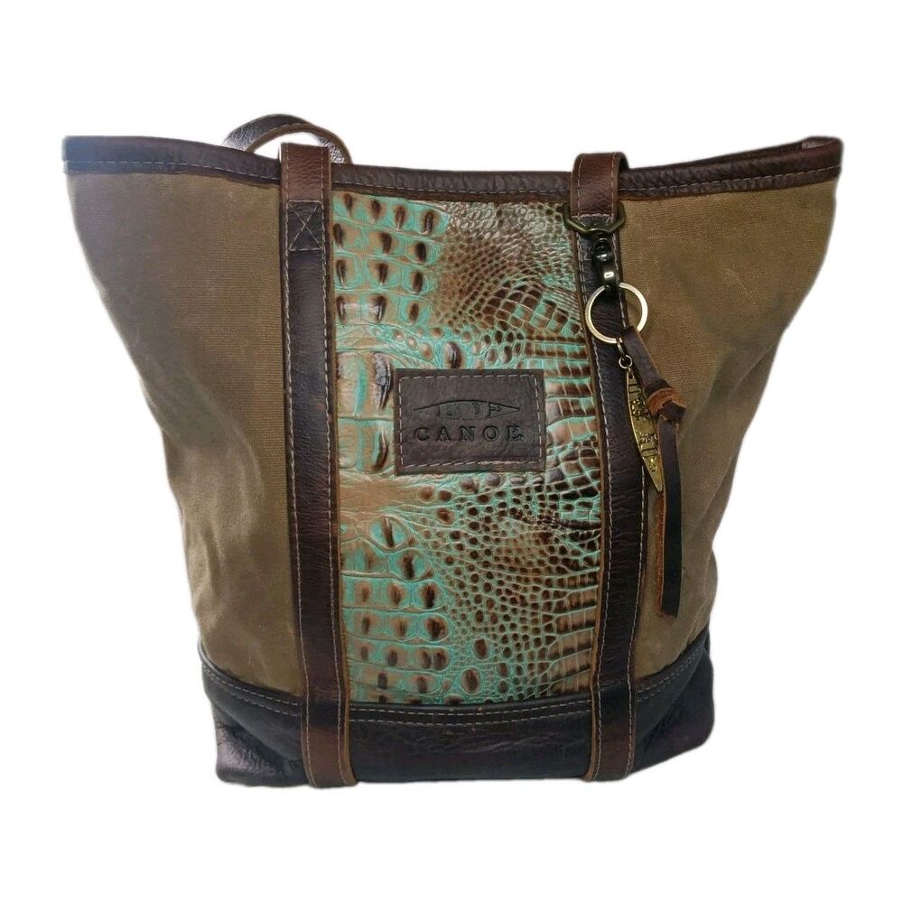 Canoe Tote Bag Hand Made In The USA Canvas & Leather Croco Accent Brown & Green